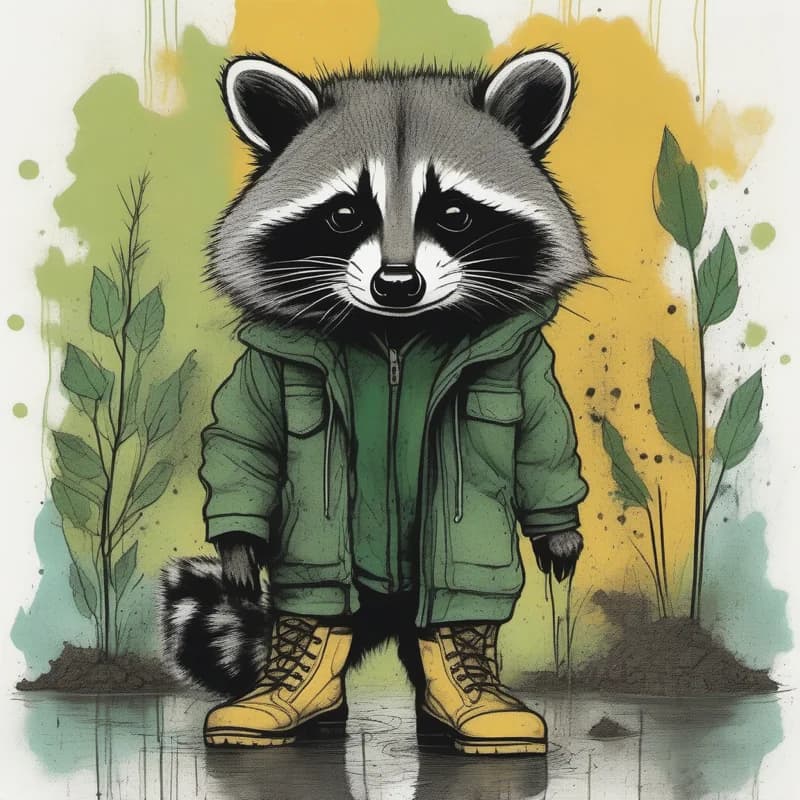 Bandit in rain boots with seedlings